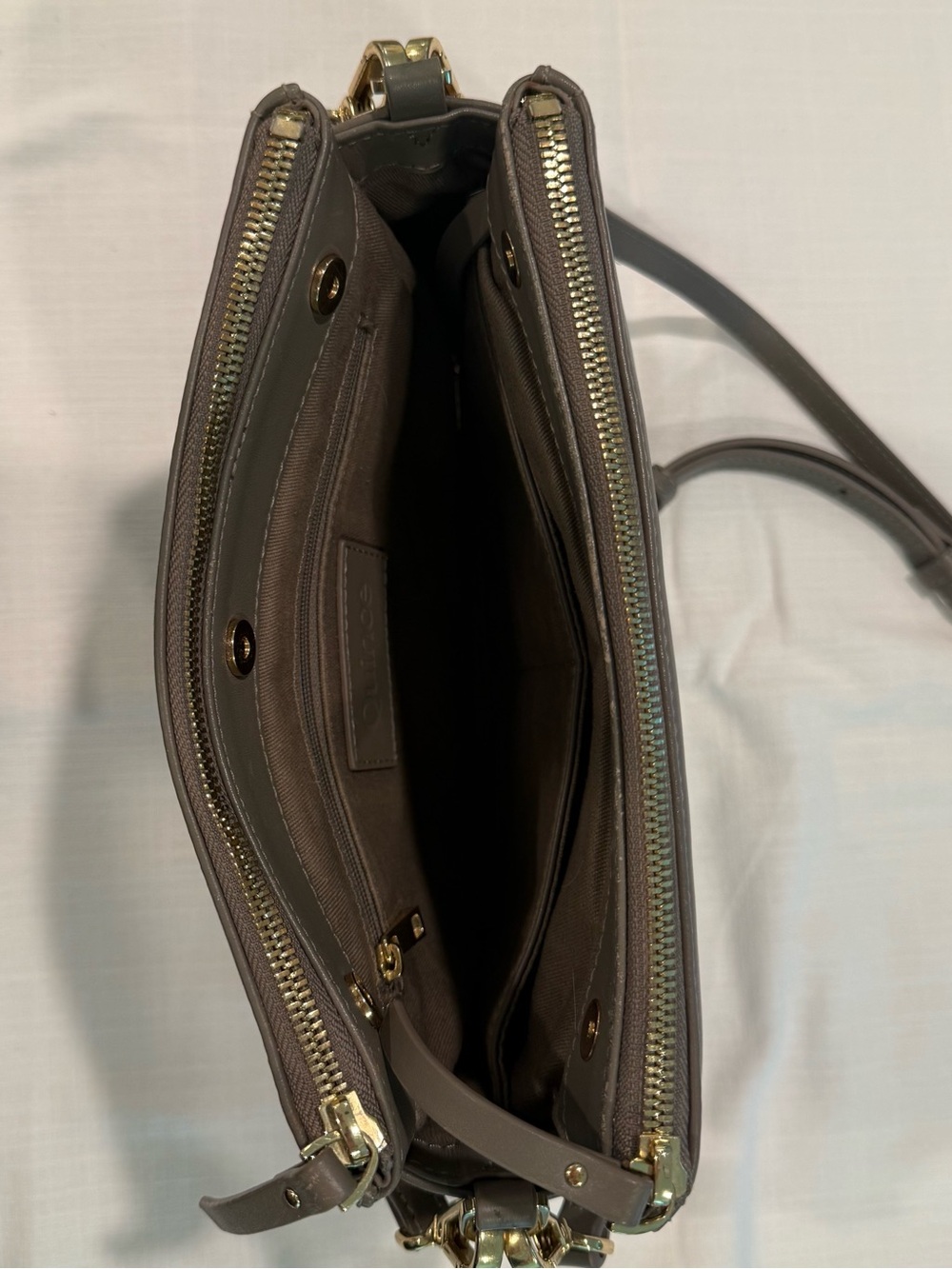 Quince Triple Compartment Taupe Leather Crossbody with Gold Hardware - Picture 6 of 8